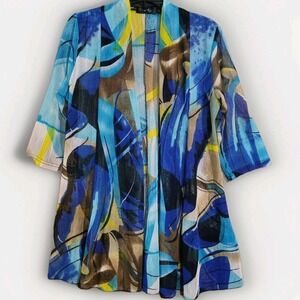 Creation Sheer Mesh Abstract Open Front Cardigan Size L Blue Multi Art to Wear